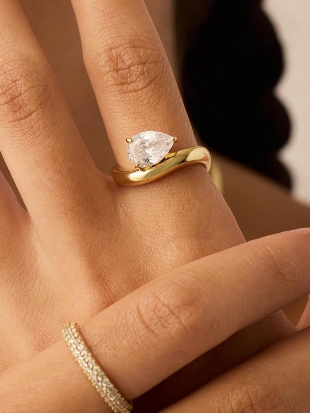 PAVOI Gold Pear-Shaped Clear Stone Ring — Elegant Gold Solitaire